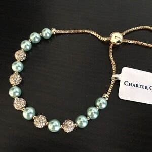 Charter Club Gold Tone Mint Green Faux Pearl/Pave Adjustable Bracelet NEW w/ Tag